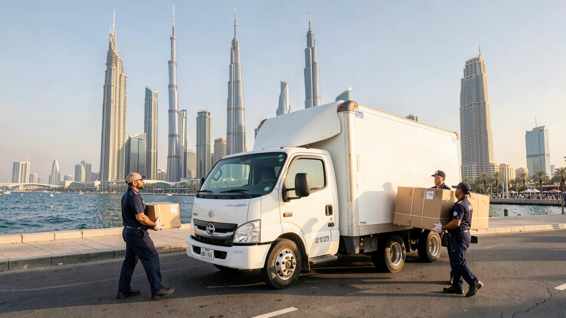 Elite Express Movers truck with movers carrying boxes in Abu Dhabi