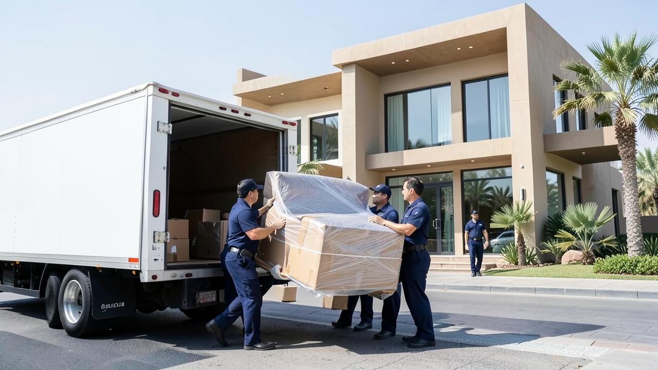 Movers loading a wrapped sofa into a truck outside a villa in Abu Dhabi