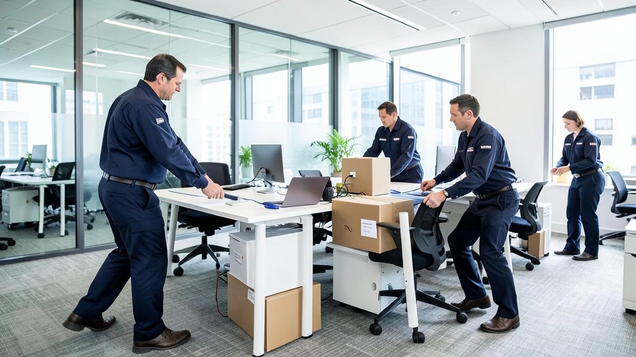 Movers relocating desks and equipment inside a modern office