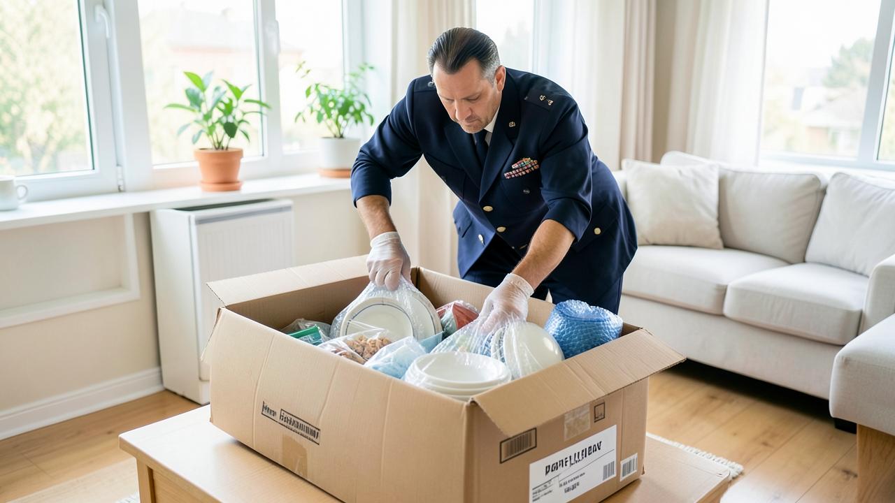 A packer wrapping dishes and placing them into a labelled box